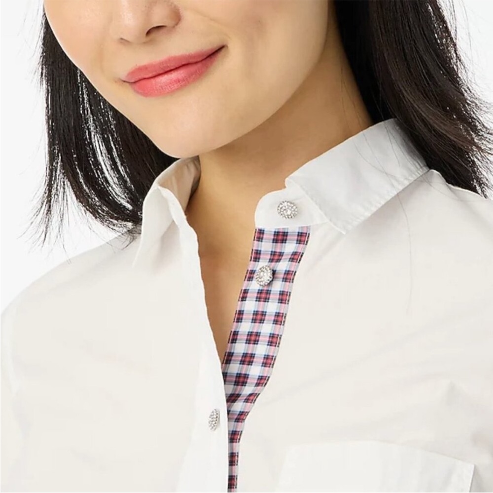 J. Crew White Shirt with Plaid Accent Rhinestone accent NWT
